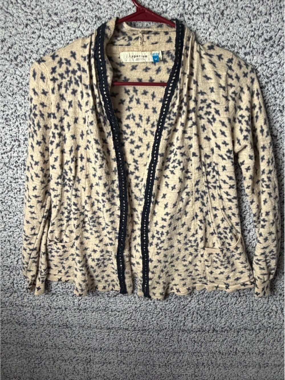 Sparrow Women’s M 100% Merino Wool Cardigan Sweater Beige Navy Open Front